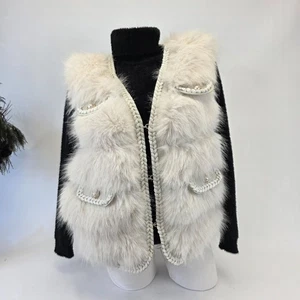 Damen Fellweste Kunstfell Gr. 38-42 Exklusive Style Weste mit Lederdetails Weiß - Bild 1 von 7