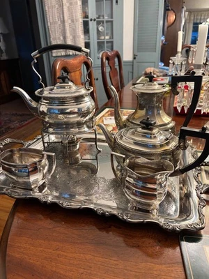 Art Deco Sheffield Plateado Servicio de Té y Café EPH Inglaterra Manijas de Ébano  Foto 1 de 4