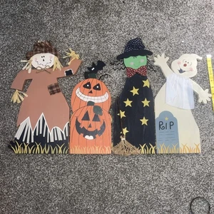 vintage wooden scarecrow ghost pumpkin country folk sign Halloween home - Picture 1 of 2