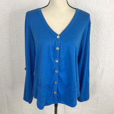 Lulu B Cotton Knit Cardigan Button Front Roll Tab Sleeve Top Blue Size Large - Image 1 of 4