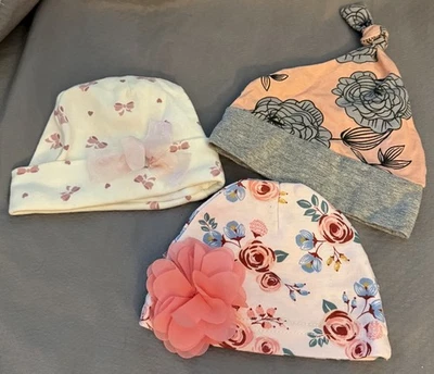 Mixed Brand Lot/3 Baby Girls Infant Beanie Hats, Chick Pea, floral, bows, pink - Image 1 of 3