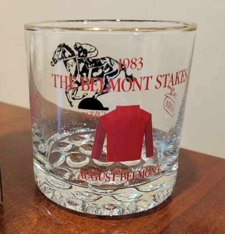 NYRA  THE BELMONT STAKES  1983  Glass Tumbler  CAVEAT  August Belmont Cover