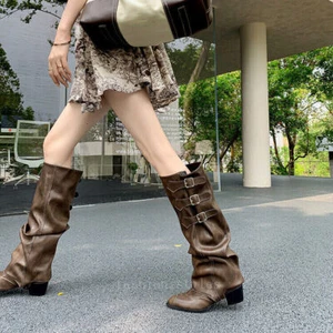 Scarpe stivali donna moda pelle fibbia cinturini tacco a blocco pull on slouchy - Foto 1 di 26