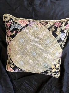 Vintage Green Plaid & Floral Needlepoint Accent Pillow Tracy Porter Wool 13"x13" - Picture 1 of 8