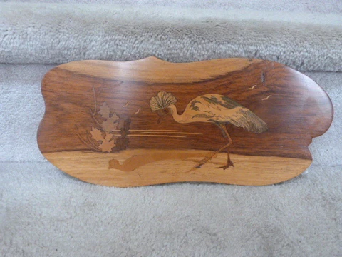 GORGEOUS Inlaid Wood Marquetry Wall Hanging Crowned Crane African Bird 14"x6" Cover