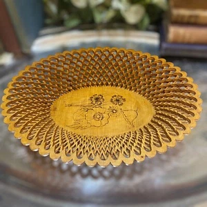 Vintage Folk Art Wood Pyrography Bowl Open Basket Work Reticulated Floral Design - Picture 1 of 8