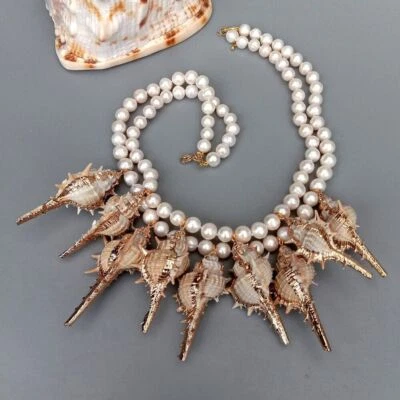 Collar llamativo de perlas blancas cultivadas de agua dulce de 18" 2 hebras concha de mar Foto 1 de 4