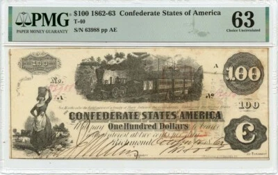 1862-63 $100 Confederate States of America T-40 PMG CH63 - Image 1 of 2