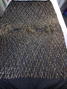 GOLD-BLACK SEQUINS DIAMOND DESIGN EMBROIDERY ON A 4 WAY STRETCH MESH-BY YARD. - Picture 1 of 9