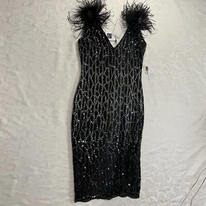 NWT Nadine Marabi Women’s Size 10 Black Sequence Dress Feather Accents - Picture 1 of 13