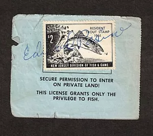1961 New Jersey Trout stamp, signed, used on partial license - Picture 1 of 1
