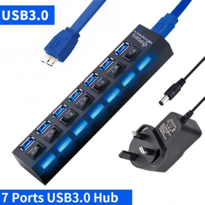High Speed 7 Ports USB 3.0 HUB Power Splitter Extender Cable with UK Adapter - Image 1 of 4