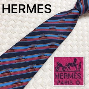 HERMES Krawatte Regiment Streifen Boot Schiff 100% Seide Made in France blau x rot - Bild 1 von 10