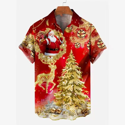 Luxury Red Gold Christmas Hawaiian Shirt Santa Reindeer Holiday Button Up  - Image 1 of 2