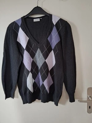 Damen Pullover, C&A, grau mit lila Karomuster, Gr. L, Nr. 261 - Bild 1 von 3