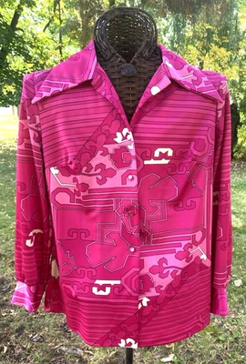 Blusa Vintage Años 60 70 Pykettes Groovy Disco Mod XL Manga Larga Rosa Blanco Foto 1 de 4