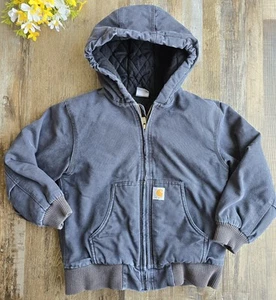 Carhartt Duck Canvas Coat Black Gray Youth Med 10-12 Quilted Lining Distressed - Picture 1 of 17