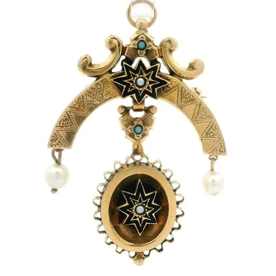 Victorian Revival 14k Gold Pearl Turquoise Enamel Dangle Pin Brooch Pendant - Image 1 of 4