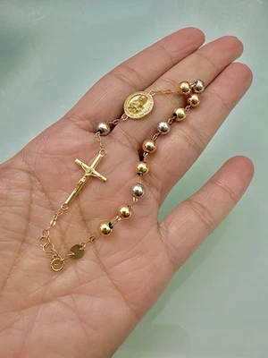 Pure 18k 750 Yellow, Rose, White Gold Beads Bracelet Holy Scapular Rosary - Image 1 of 4
