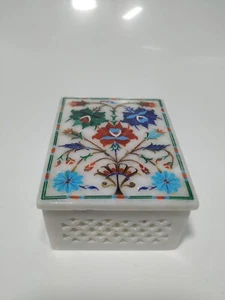 Filigree Work Trinket Box for Her White Marble Rectangle Shape Accessories Box - Picture 1 of 4