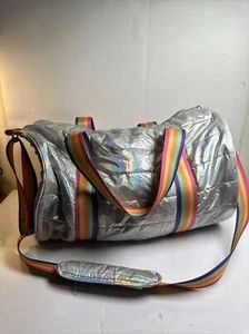 Top Trenz Silver Puffy Large Duffle Bag With Rainbow 🌈 Long Strap - Picture 1 of 9
