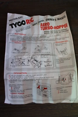 Mando a distancia/radio control remoto Tyco RC de colección de los años 80 AERO TURBO TOLVA MANUAL DEL PROPIETARIO Foto 1 de 4