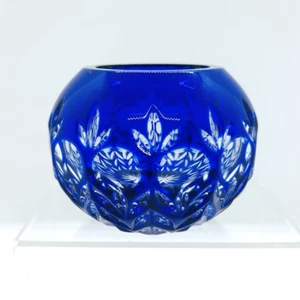 Czech Bohemian Cobalt Blue Cut To Clear Crystal Votive  Candle Holder 3" - Picture 1 of 9