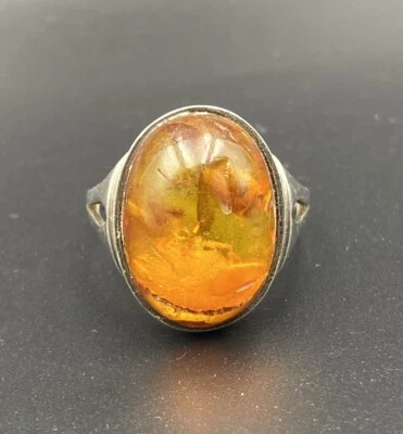 Anello In Ambra Ambra Naturale Argento 800 Vintage Stile Liberty RG 57 - Immagine 1 di 4