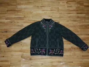 Icelandic Embroidered Wool Jacket Coat Womens Small S Green Floral Sweater Zip - Picture 1 of 10