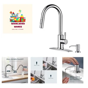 Chrome , High Arc Modern Sink Faucet with Pull Down Sprayer and Deck Plate St... - Picture 1 of 9