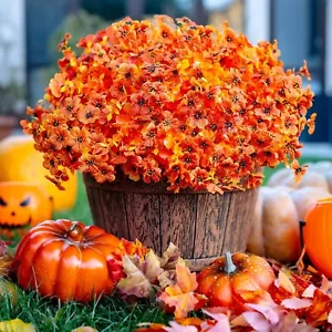 Artificial Mums Fall Flowers for Outdoors Fake Plants Orange Yellow, 16 Bundles - Picture 1 of 5