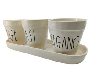 Rae Dunn Basil Oregano Sage Set of 3 Flower Pots with Matching Tray M Stamped - Picture 1 of 12