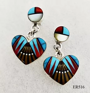 HANDCRAFTED TURQUOISE ONYX CORAL SPINY INLAY .925 SILVER HEART DANGLE EARRINGS - Picture 1 of 5