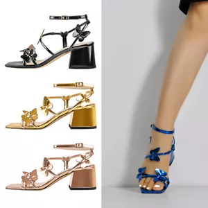 Onlymaker Mujeres Moda Mariposa Decoración Correa al Tobillo Tacón Medio Bloque Sandalias Zapatos - Imagen 1 de 28