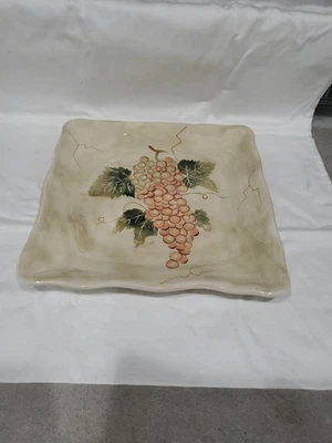 Tabletops Gallery Cabernet 11" Square Dinner Plate Brown Grapes Hand Painted - Image 1 of 4