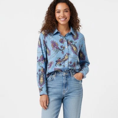 Talbots Plus Size 1X Blue Paisley Print Button Down Cotton Shirt Women - Image 1 of 4