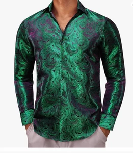 NWT Barry Wang Green Dress Shirt Paisley 70s Disco Button Silk Long Sleeve Large - Picture 1 of 15