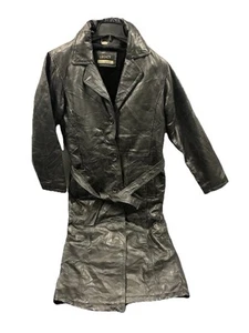Vtg Legacy Full Length Lined Fur Genuine Leather Belted Trench Coat Black Mens S - Picture 1 of 14