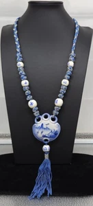 Vintage blau & weiß Keramik Perlen geflochten Stoff Halskette Quaste & chinesisches Design - Bild 1 von 6