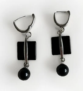 MCM Modernist Artisan Sterling Silver & Onyx Drop Dangle Earrings - Picture 1 of 6