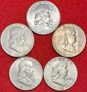 (5) 1950-1954 DS Franklin Half Dollar 90% Silver US 50C Coin Set Lot $2.50 FV - Picture 1 of 2