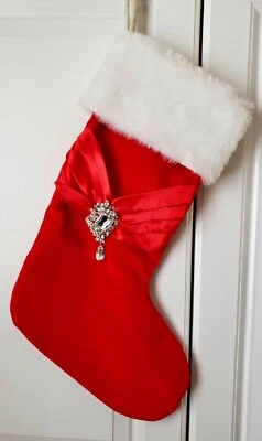 New Red Velvet 22" Red Christmas Stocking with Red Satin Sash & Jewel Well Made Foto 1 de 4