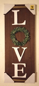 Dark Wooden Plaque LOVE spelled vertically with White Letters Artificial Wreath - Picture 1 of 2