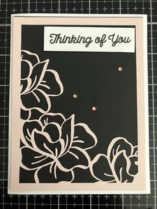 Card Set Of 4 Flower Cut Outs, THINKING OF YOU, Black & Pink - Picture 1 of 2
