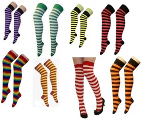 LADIES OVER THE KNEE STRIPED SOCKS FOR FANCY DRESS OR HEN PARTIES - Picture 1 of 10