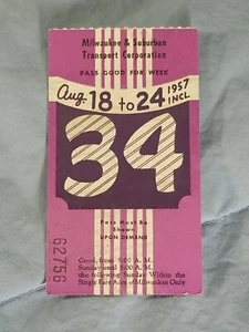 Vintage 1957 Milwaukee & Suburban Transport Railway TRANSIT TICKET Pass #34 - Picture 1 of 2