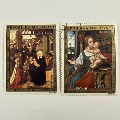 Estampillas postales de Madagascar 1974 correo aéreo arte pintura Noel Cristo Niño Jesús Foto 1 de 4