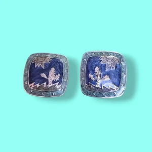 Signed Berebi Blue Enamel Cactus Sun Square Earrings West Dessert Vintage  - Picture 1 of 6