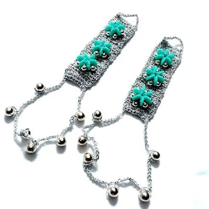 Crocheted stretch silver with aqua bead Barefoot Sandals Beach turquoise - Picture 1 of 5