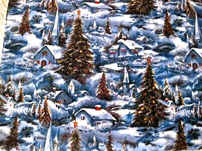 Silver Glitter Christmas Tree Navy Blue White Fabric Village David Textiles BTY - Image 1 of 4